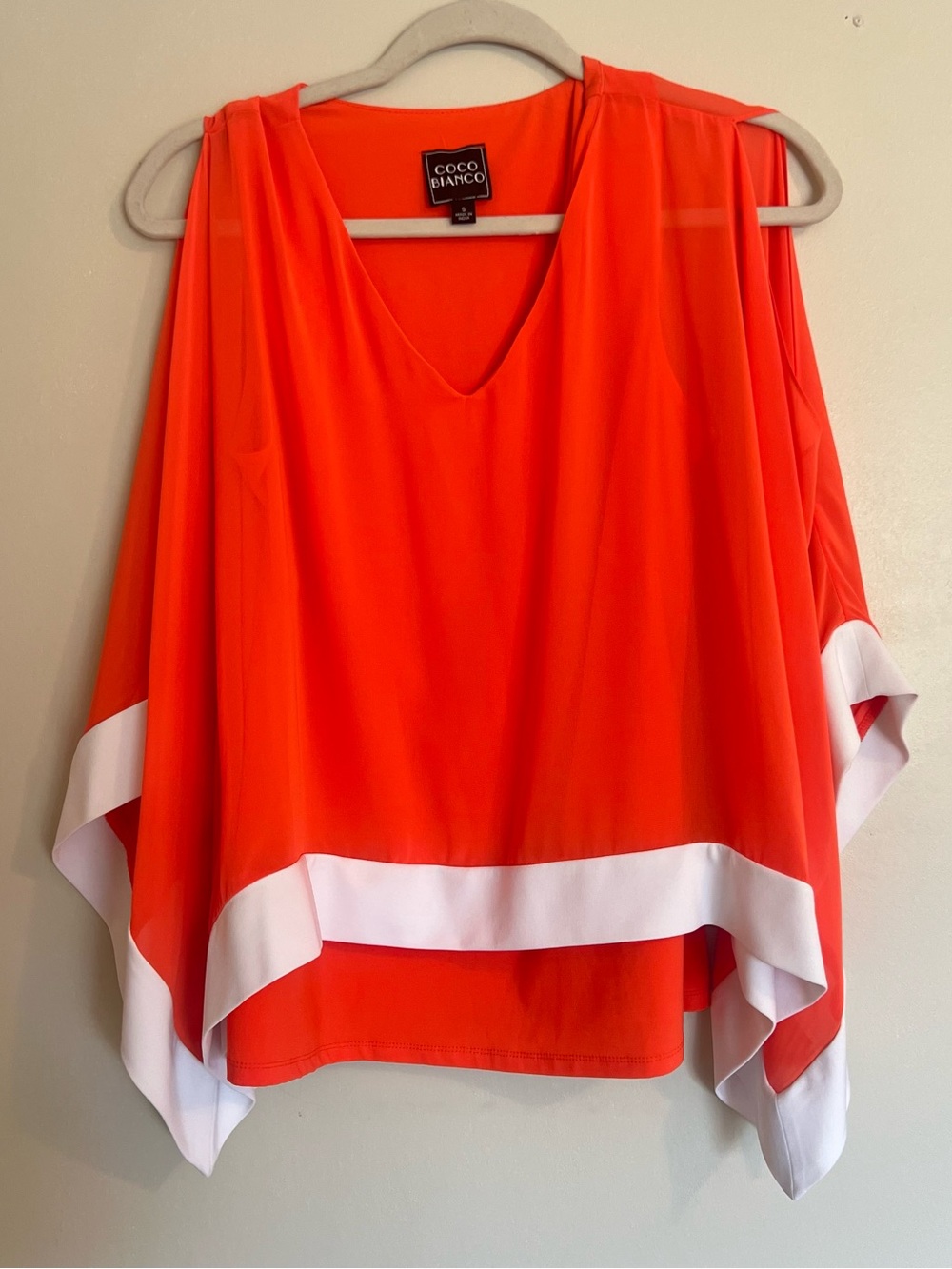 Coco Bianco Draped V-Neck Cold Shoulder Poncho Top Orange with White Trim
